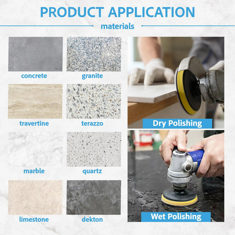5 Inch Diamond Polishing Pads Wet Dry Set for Marble Quartz Granite Concrete shown polishing surfaces, dry and wet methods