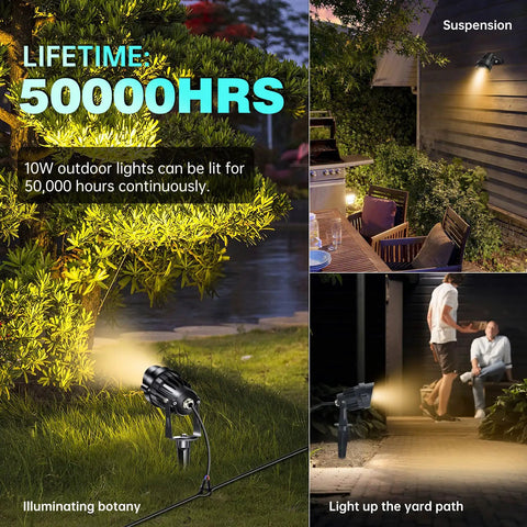 10W LED Landscape Lights 12V Outdoor Spotlight illuminating garden plants with warm white light, showcasing plug and play connectors