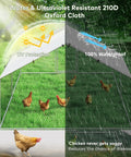 Sturdy Metal Chicken Coop With Waterproof UV Cover And Walk In Run Spire Roof Outdoor Cage For Backyard Farm Ideal For Chickens Rabbits Ducks Rust Resistant Steel Frame 10 Ft Wide By 13.2 Ft Long By 6.4 Ft High, UV and waterproof protection shown in a sunny and rainy setting.