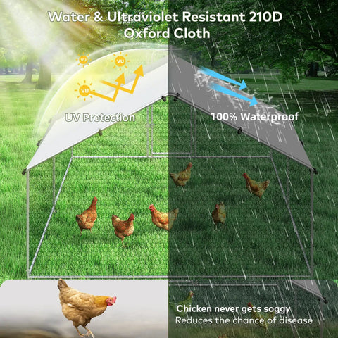 Sturdy Metal Chicken Coop With Waterproof UV Cover And Walk In Run Spire Roof Outdoor Cage For Backyard Farm Ideal For Chickens Rabbits Ducks Rust Resistant Steel Frame 10 Ft Wide By 13.2 Ft Long By 6.4 Ft High, UV and waterproof protection shown in a sunny and rainy setting.