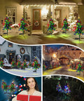 Solar Garden Lights 3-Pack Decorative Flower and Christmas Tree Stakes illuminating outdoor yards in winter settings.