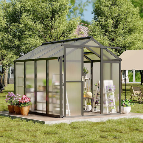 6x8 Ft Greenhouse Kit With Aluminum Frame, Polycarbonate Panels, Walk In Design, Adjustable Roof Vent, Sliding Door, Secure Lock, Sturdy Outdoor Garden Patio Backyard Shelter