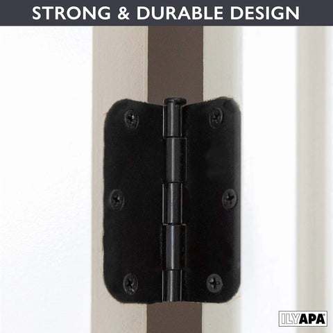 Close-up of heavy-duty matte black interior door hinge on white door frame, emphasizing strong and durable design.