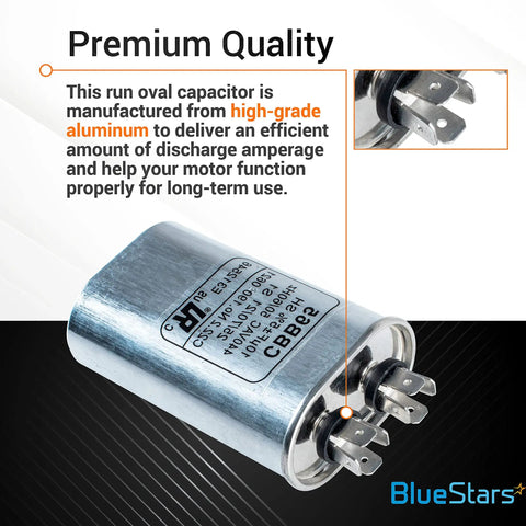 10uF Oval Run Start Capacitor for AC Motors and Fans 370-440V CBB65 Replacement Part shown with aluminum casing and connectors