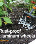 Extendable Go To Garden Tiller Cultivator For Lawn And Garden Beds From Forty To Sixty Inches Lightweight All Steel Telescoping Rotary Hand Tool with rust-proof aluminum wheels aerating soil.