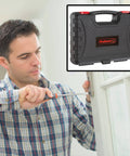 Man using the 102 Piece Heat Treated Tool Kit with Carrying Case for door repair, essential steel hand tools shown in inset.