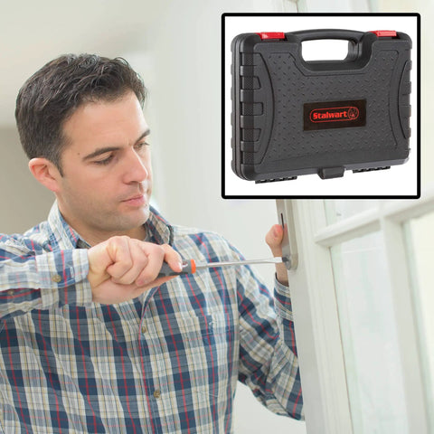 Man using the 102 Piece Heat Treated Tool Kit with Carrying Case for door repair, essential steel hand tools shown in inset.