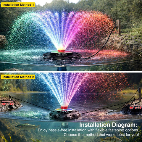 RGB LED Pond Fountain Aerator with floating light show, multicolor spray, and stainless steel construction in two setups.
