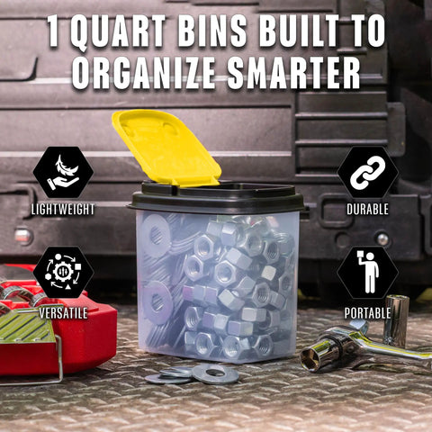 12 Pack Clear Storage Bins With Lids for Workshop Pantry and Garage Bulk Organizer holding bolts and washers