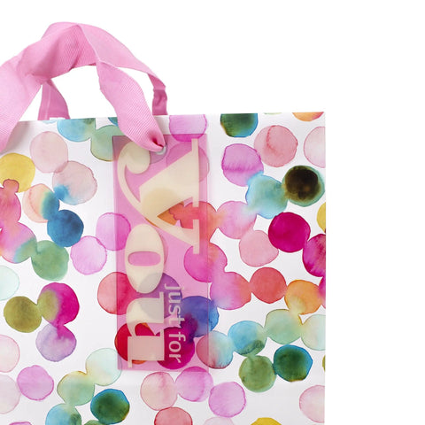 10.47 Inch Square Gift Bag With Watercolor Dots And Just For You Design, sturdy high quality paper, pink ribbon handle detail