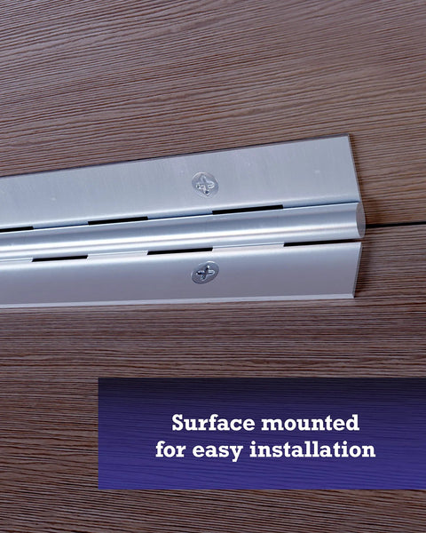 24 Inch Continuous Pin Hinge Nickel Finish, One And One Quarter Inch Wide, Surface Mounted Easy Install, Rust Resistant Steel, Close-up View.