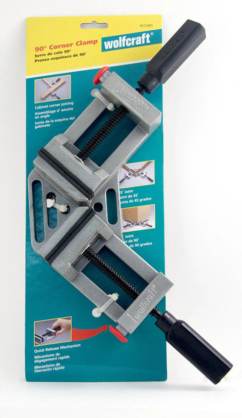 Quick-Jaw Right Angle Corner Clamp for Cabinets and Boxes, 90 Degree Clamp With 3-Inch Jaw Face displayed on packaging