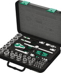 Open case of Three Eighths Inch Ratchet Set With Eighteen Metric Sockets Two Flexible Lock Extensions Short And Long Sliding T Handle Universal Joint Wobble Extension Adapter And Eighteen Bits All In One Tool That Feels Like Five Ratchets