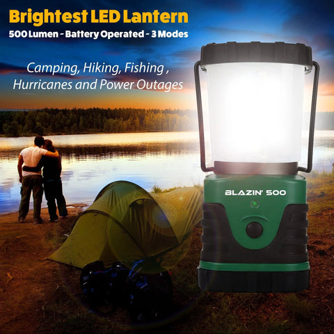 Ultra Bright Camping Lantern With 500 Lumens Battery Powered Light That Slaps Waterproof Portable And Lightweight For Camping Power Outages Hurricanes Emergency Prep And Outdoor Adventures next to a tent by a lake at dusk