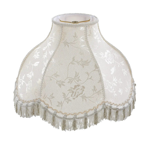 Off White Jacquard Scallop Bell Lamp Shade With Fringes, Spider Construction, Brass Fitter, 6.25 Inch Top, 17 Inch Bottom