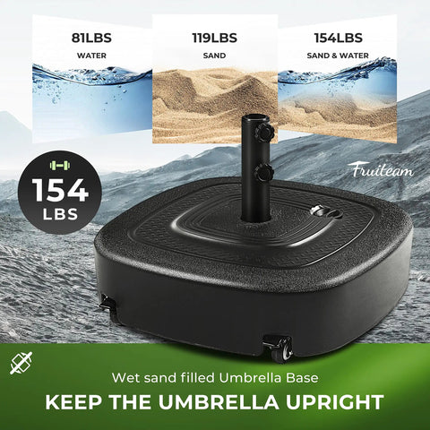 Mobile Umbrella Base With Four Wheels 154 Lb Capacity Fillable With Water Or Sand Heavy Duty Wind Resistant