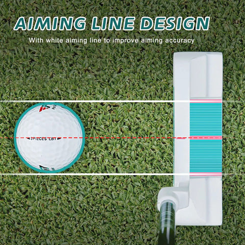 Golf ball and putter on grass, highlighting aiming line design from the Women's 12 Piece Golf Club Set With 460cc Driver Four Woods Including Hybrid Seven Irons 5 PW SW Putter And Stand Bag For Easy Tee Shots Travel Ready And Game Ready For Beginners To Intermediate Players.