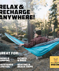 Person relaxing in a Portable Camping Hammock With Tree Straps Up To 400 Lbs Built For Outdoor Adventures Easy Setup In Seconds.