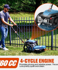 Man operating 22 Inch Gas Walk Behind Brush Cutter And String Trimmer With 160cc 4 Cycle Engine Heavy Duty.155 Inch Line Steel Deck 14 Inch Rubber High Wheels Adjustable Cutting Height For Quick Clearing Of Dense Brush on grass near fence
