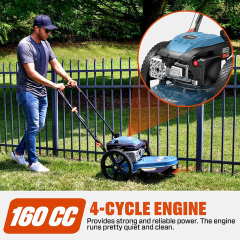Man operating 22 Inch Gas Walk Behind Brush Cutter And String Trimmer With 160cc 4 Cycle Engine Heavy Duty.155 Inch Line Steel Deck 14 Inch Rubber High Wheels Adjustable Cutting Height For Quick Clearing Of Dense Brush on grass near fence