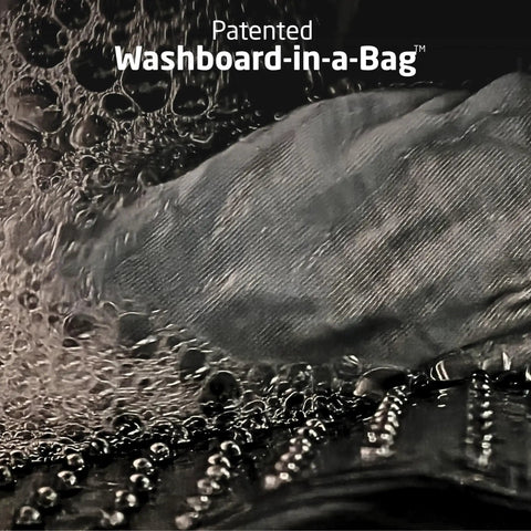Close-up of the patented washboard interior of the Lightweight Portable Travel Laundry Bag in action with soapy water.