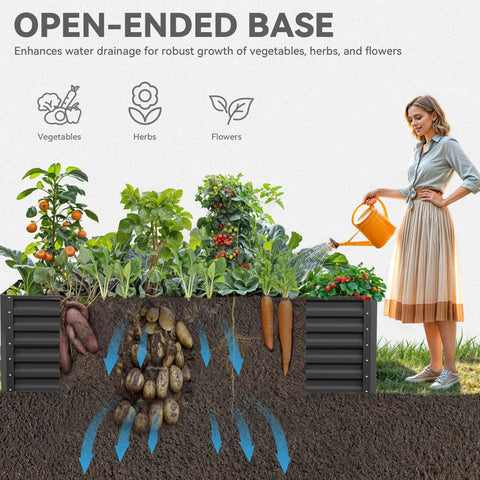 Two Pack Galvanized Raised Garden Bed Kit 6x3x2 Ft Large Metal Planter Box with plants and open-ended base diagram