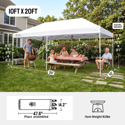 Pop Up Canopy Tent 10x20 Instant Outdoor Shelter for parties, sturdy steel frame, family dining under tent in garden setting.
