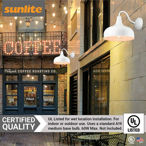 Gooseneck Rustic Barn Light Fixture Wall Mount White Finish, E26 Socket, A19 Bulb Compatible, 12 Inch Shade, Indoor Outdoor Use, Wet Location Approved, 60W Max, ETL Listed