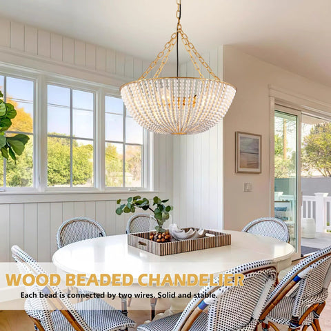 Five Light 20 Inch Boho Wood Beaded Chandelier For Dining Room And Living Spaces over a round white dining table