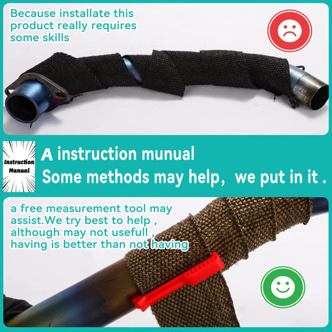 Image of a wrapped exhaust pipe showing installation with titanium fiberglass heat wrap roll kit and setup manual.