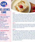 Recipe card for Tres Leches Cake with raspberries, includes ingredients and steps for cake and meringue topping.