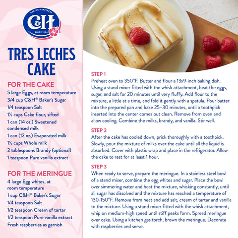 Recipe card for Tres Leches Cake with raspberries, includes ingredients and steps for cake and meringue topping.