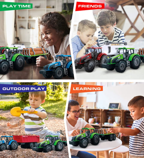 Children playing with Friction Powered Farm Tractor Trailer Toy Set 16 Inch Three Pack For Kids with various realistic designs.