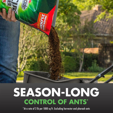 Man pouring Triazicide Insect Killer For Lawns Granules into spreader, showing product use for lawn insect control.
