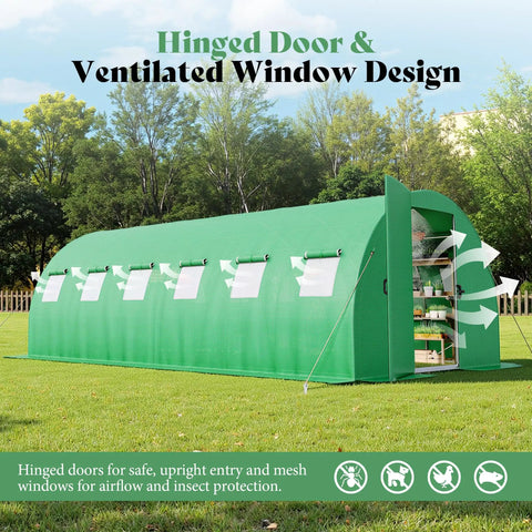 20 By 10 Ft Walk In Tunnel Greenhouse With Built In Sprinkler System Heavy Duty Galvanized Steel Frame Waterproof PE Cover Ideal For Backyard Gardeners And Seasonal Plant Growth