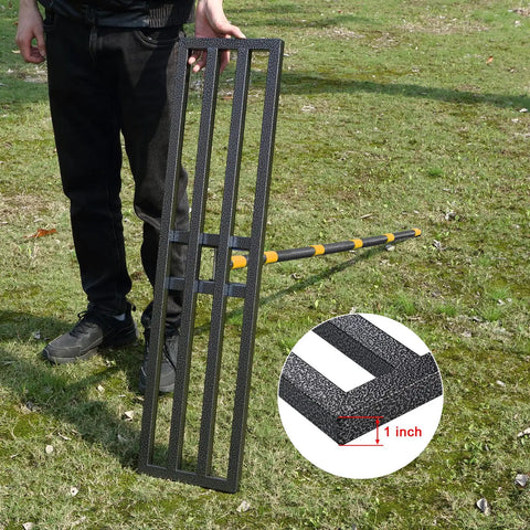 Heavy Duty Stainless Steel Lawn Leveling Rake For Yard And Soil, 60 inch ergonomic tool with 27x10 ground plate shown on lawn