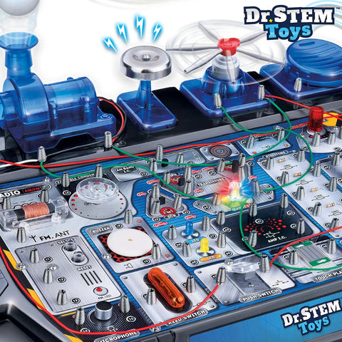 Circuit Science Kit For Kids with Over 100 Hands On Experiments, featuring multicolor circuits, wires, and moving parts on a board.