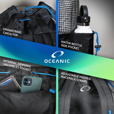 XL Mesh Dive Bag Backpack for Snorkel Gear with pockets, drawstring top, adjustable padded straps, and internal valuables pocket.