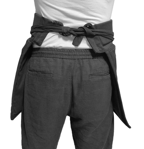 Back view of Hema Sparring Apron Style Beefy Padded Groin And Thigh Protector with lace-up fit over pants