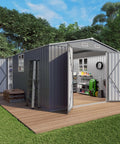 10x14 Foot Galvanized Steel Outdoor Storage Shed With Lockable Door And Window Waterproof Garden Tool Storage on wooden platform
