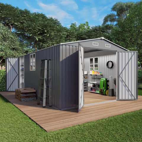 10x14 Foot Galvanized Steel Outdoor Storage Shed With Lockable Door And Window Waterproof Garden Tool Storage on wooden platform