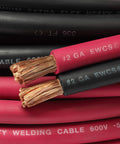 Close-up of Tough As Nails Two Gauge Welding Cable Power Cord Set with red and black leads showing copper strands.