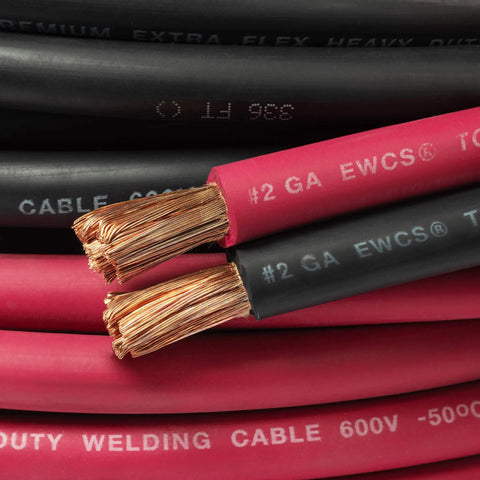 Close-up of Tough As Nails Two Gauge Welding Cable Power Cord Set with red and black leads showing copper strands.