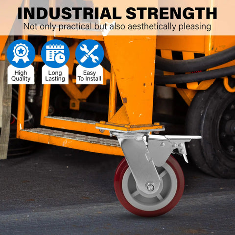 Solid As A Rock Six Inch Polyurethane Caster Wheels Rolling Smooth As Butter With Quiet 360 Degree Swivel Action For Effortless Glide On Hard Floors Heavy Duty Four Pack on industrial equipment.
