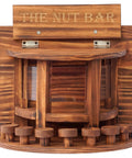 Front view of Crescent Wooden Squirrel Feeder Table For Outdoor Use with transparent sides and sturdy structure.