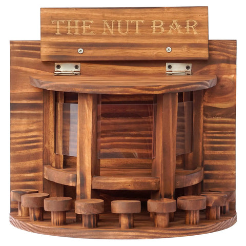 Front view of Crescent Wooden Squirrel Feeder Table For Outdoor Use with transparent sides and sturdy structure.