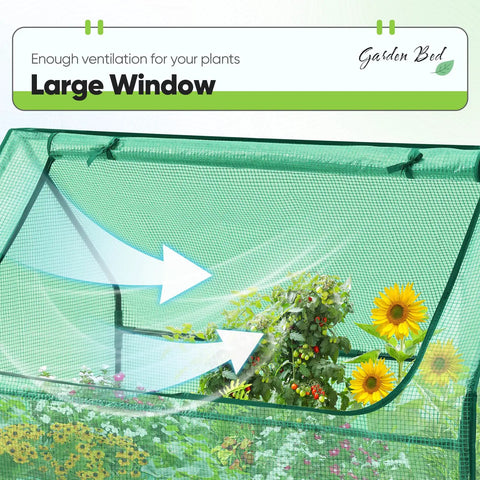 Raised Garden Bed With Cover And Greenhouse Kit All In One Galvanized Steel Planter Box For Outdoor Growing, zipper window open for ventilation