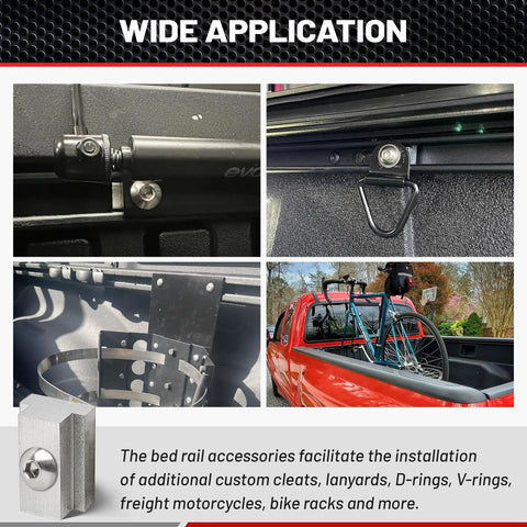 Toyota Tundra Tacoma Bed Rail Cleat T Slot Nut With Three Eighths Inch Thread Stainless Steel Tie Down Kit Six Pack installed and in use.