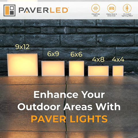 Various sized paver lights including 6x9 Inch Paver Light Warm White 2700K Drive Over Rated 12V Waterproof Landscape Lighting