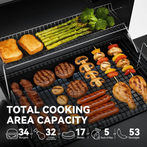 Smokin Hot Charcoal Grill With Offset Smoker For Outdoor Cooking 823 Sq In Total Surface with food on grates